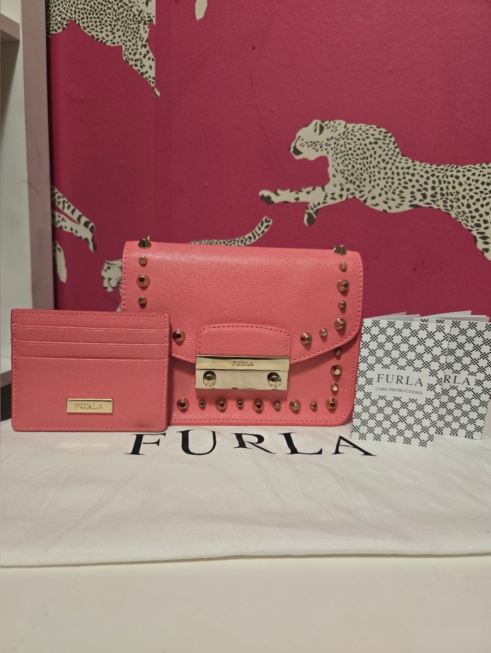EUC Furla Metropolis Coral Studded Leather Crossbody Bag with Card Holder NWOT